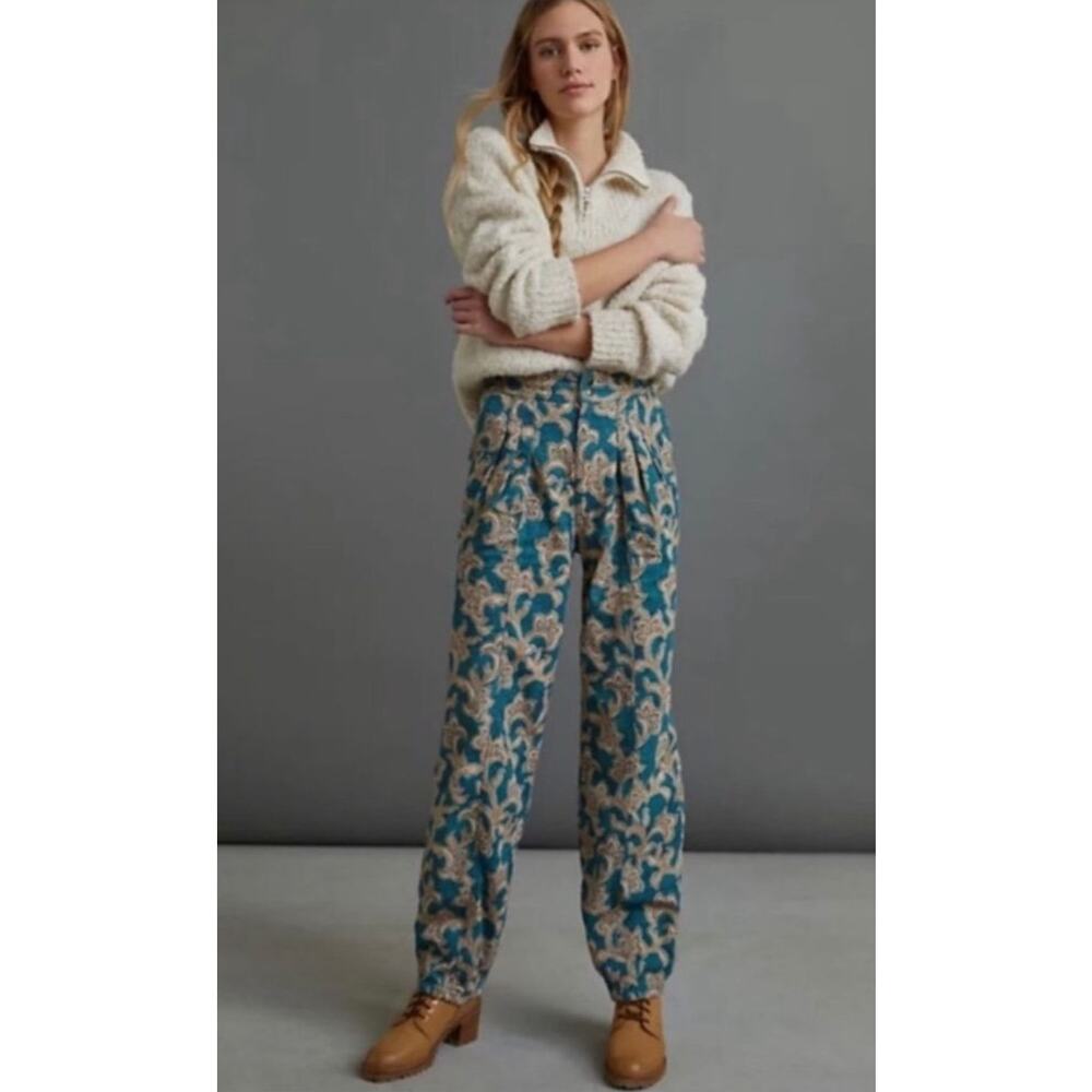Anthropologie Ali Relaxed Paisley Floral Utility Pant Green Tan Size 2